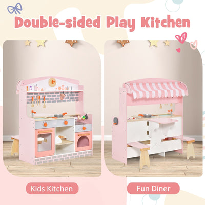 Double-Sided Kids Play Kitchen Set with Canopy and 2 Seats