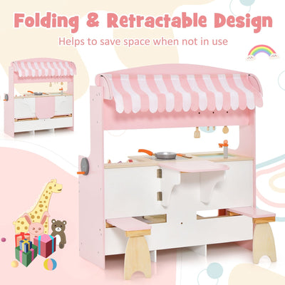 Double-Sided Kids Play Kitchen Set with Canopy and 2 Seats