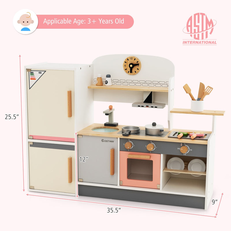 Kids Play Kitchen Set with Realistic Range Hood and Refrigerator