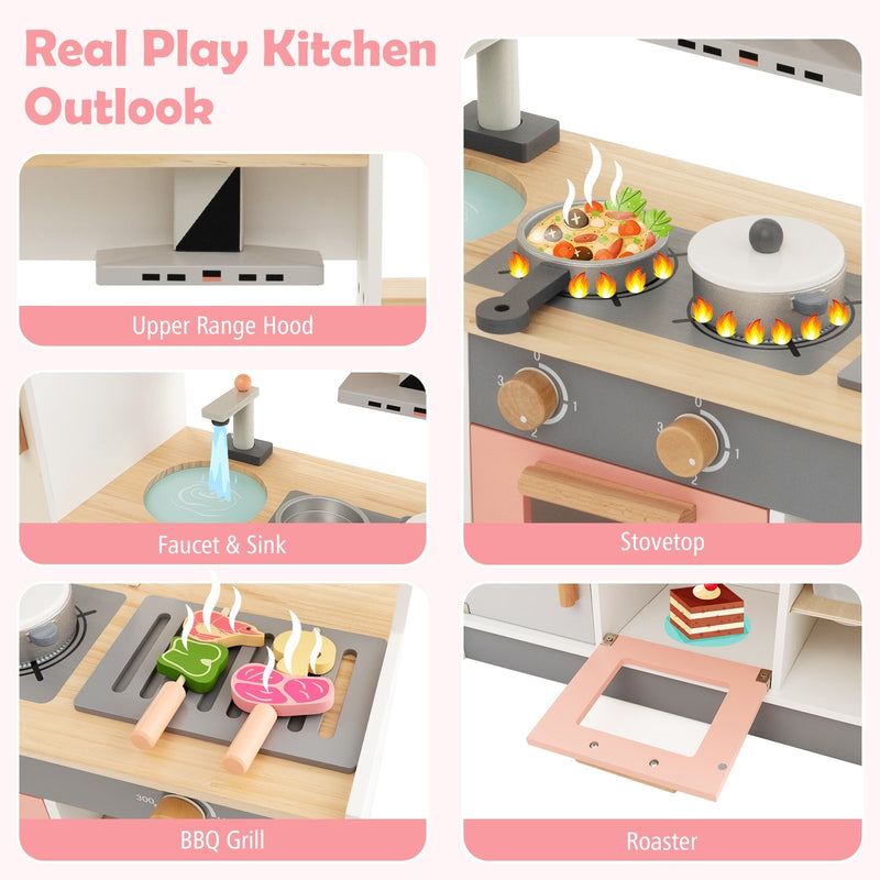 Kids Play Kitchen Set with Realistic Range Hood and Refrigerator