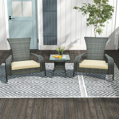 3-Piece Wicker Adirondack Set with Comfy Seat Cushions-Gray