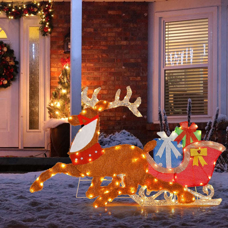 Lighted 2D Christmas Reindeer and Sleigh Decoration for Lawn Front Door Home