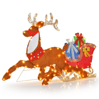 Lighted 2D Christmas Reindeer and Sleigh Decoration for Lawn Front Door Home