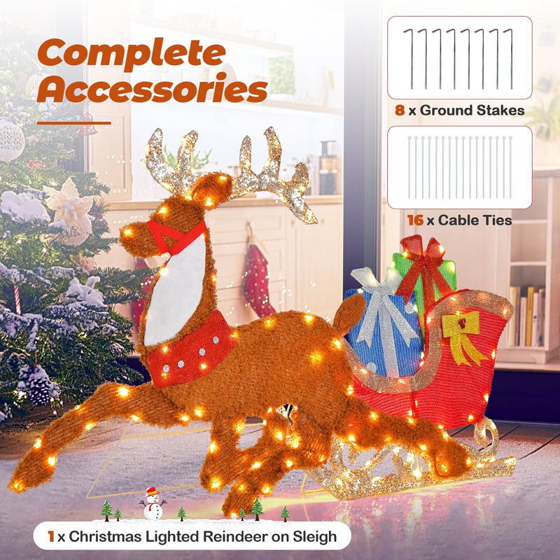 Lighted 2D Christmas Reindeer and Sleigh Decoration for Lawn Front Door Home