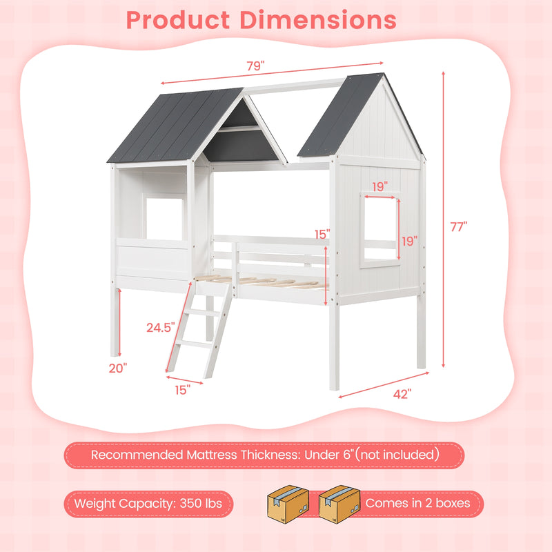 Twin Size Kids House Bed Low Loft Bed Frame with Roof-White