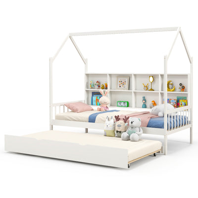 Twin Size Kids Montessori Daybed with Roof and Shelf Compartments-White