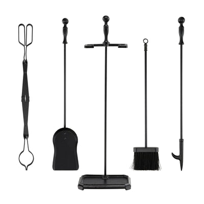 5-Piece Fireplace Tool Set with Tong Brush Shovel Poker Stand-Black