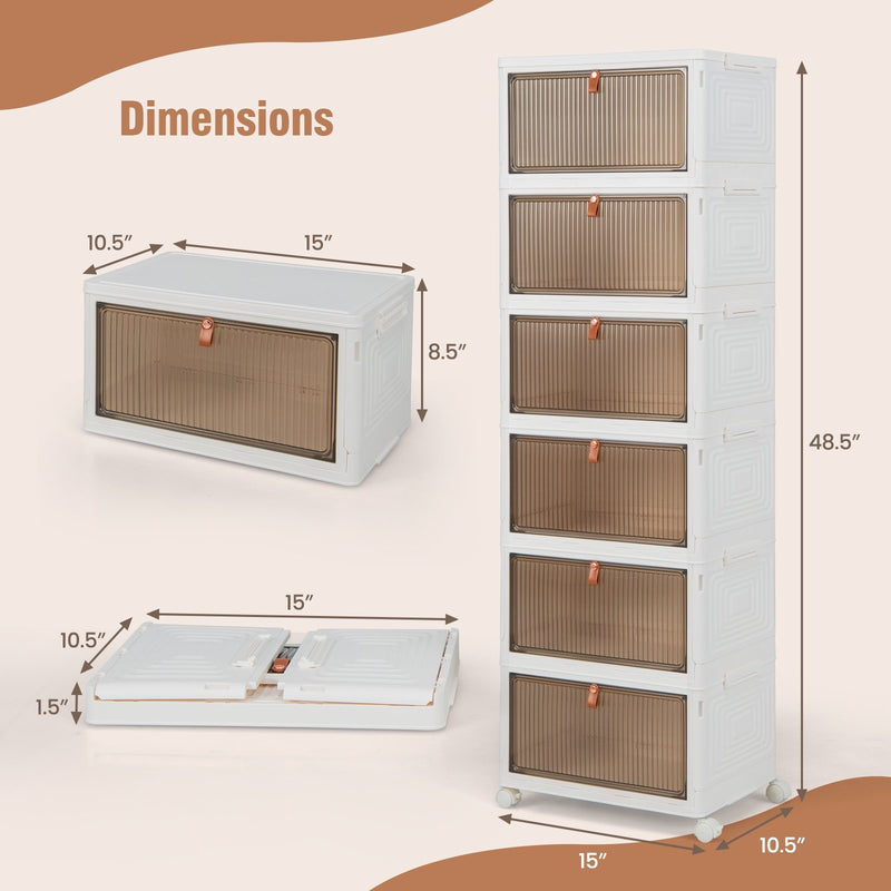 6-Tier Stackable Plastic Storage Bins with Lids and Doors-White