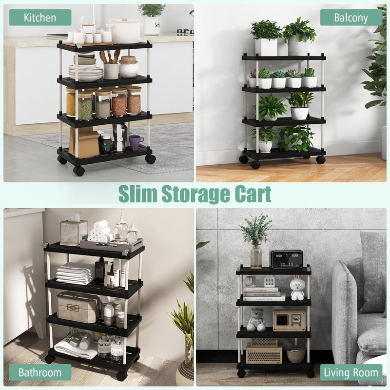 4-Tier Kitchen Slim Storage Cart with Lockable Wheels-Black