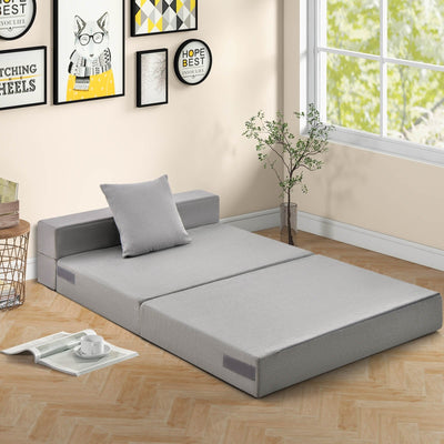 6 Inch Tri-fold Sofa Bed Folding Mattress with Pillow-Light Gray