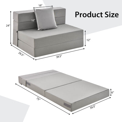 6 Inch Tri-fold Sofa Bed Folding Mattress with Pillow-Light Gray