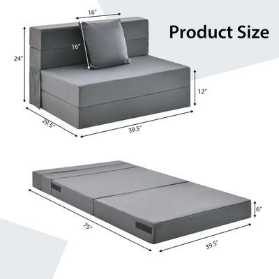 6 Inch Tri-fold Sofa Bed Folding Mattress with Pillow-Dark Gray