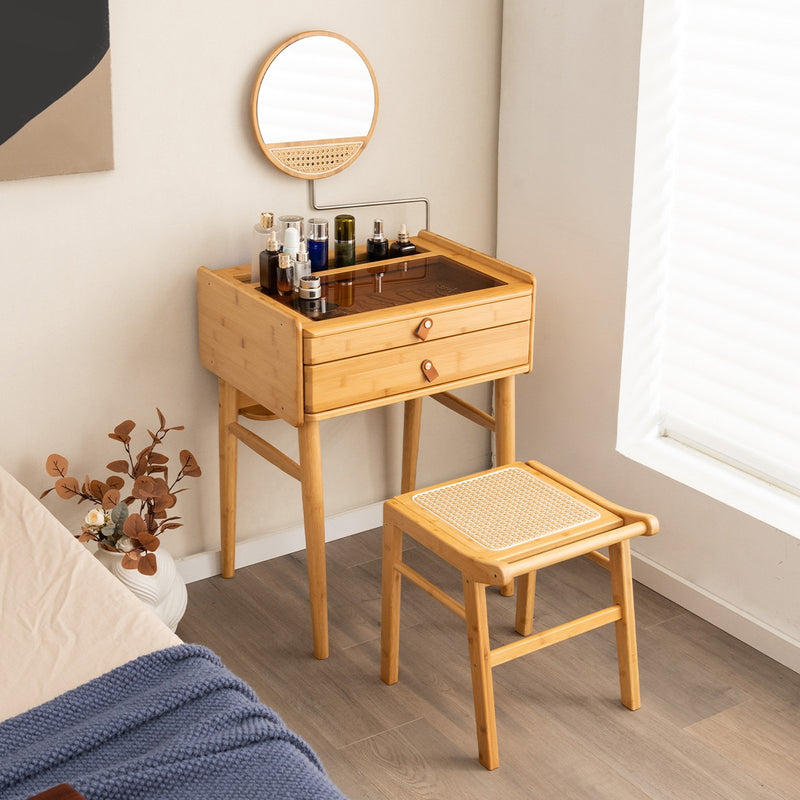 Bamboo Makeup Vanity Table with Mirror with 2 Storage Drawers-Natural