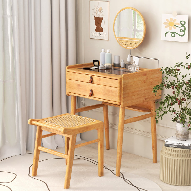 Bamboo Makeup Vanity Table with Mirror with 2 Storage Drawers-Natural