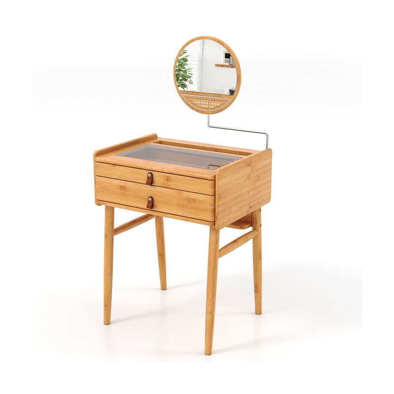 Bamboo Makeup Vanity Table with Mirror with 2 Storage Drawers-Natural