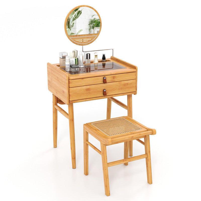 Bamboo Makeup Vanity Table with Mirror with 2 Storage Drawers-Natural