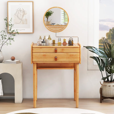 Bamboo Makeup Vanity Table with Mirror with 2 Storage Drawers-Natural