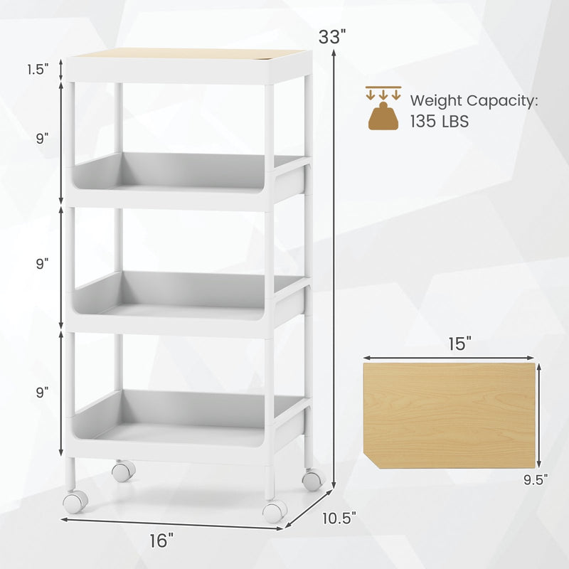 3/4 Tier Utility Rolling Cart with Detachable Tray Top and Locking Wheels-4-Tier