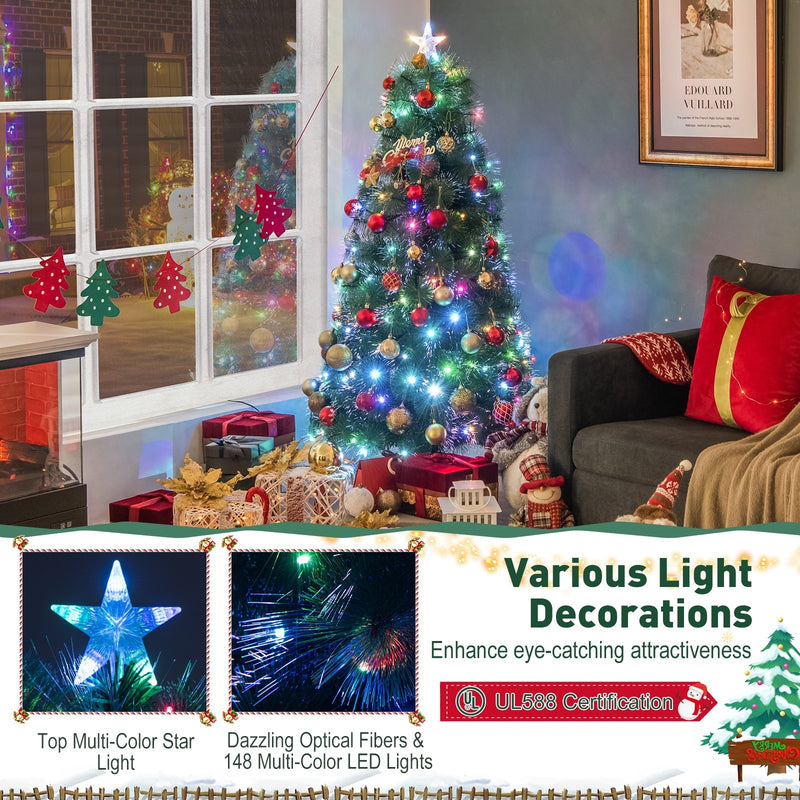 5/6/7 FT Pre-Lit Fiber Optic Christmas Tree with 148/185/226 Multi-Color LED Lights and Top Star Light-5 ft