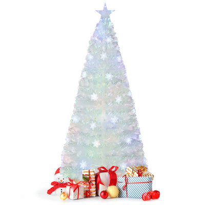 5/6/7 Feet Pre-Lit White Artificial Christmas Tree with Iridescent Leaves-6 ft