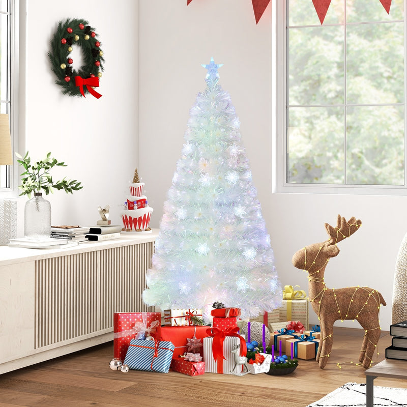 5/6/7 Feet Pre-Lit White Artificial Christmas Tree with Iridescent Leaves-5 Feet