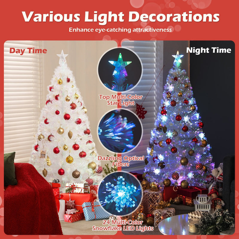 5/6/7 Feet Pre-Lit White Artificial Christmas Tree with Iridescent Leaves-5 Feet