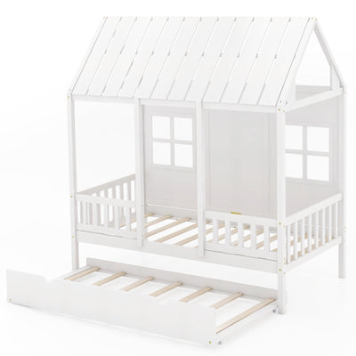 Twin Size Bed Frame House Bed with Trundle and 82 Inch Tall Roof-White