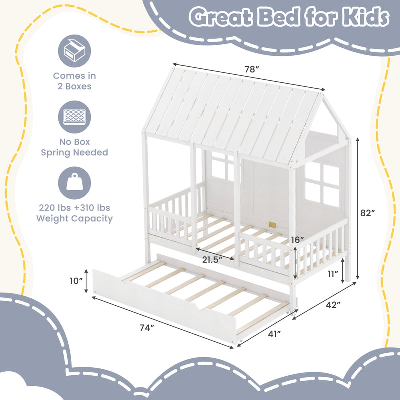 Twin Size Bed Frame House Bed with Trundle and 82 Inch Tall Roof-White