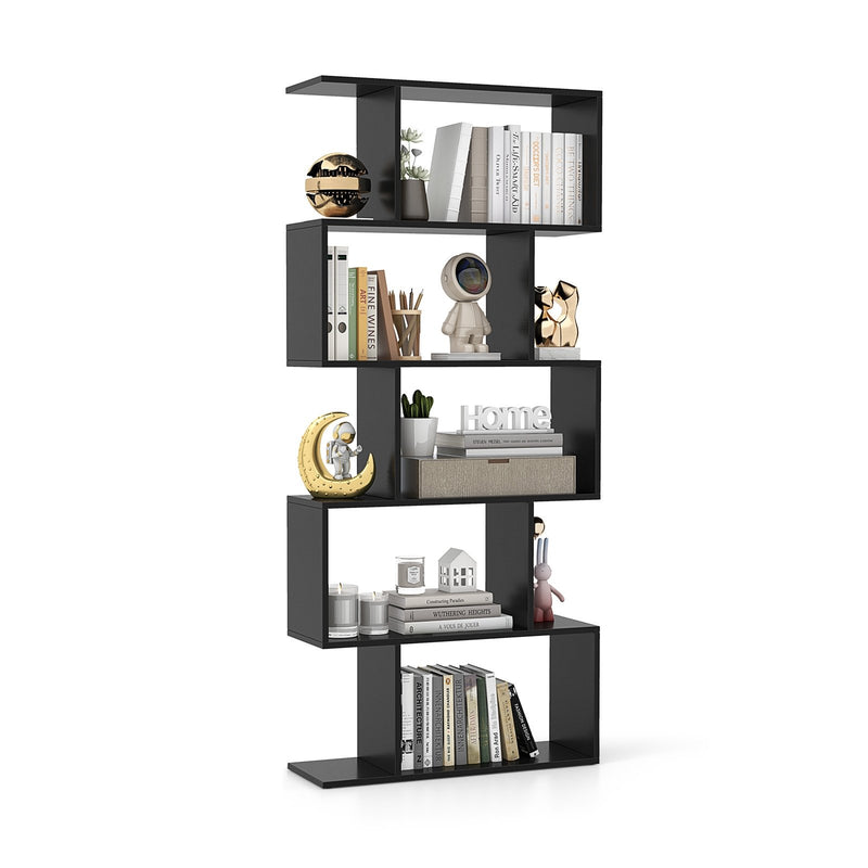 5-Tier Bookshelf with Anti-Toppling Device for Living Room Home Office-Black