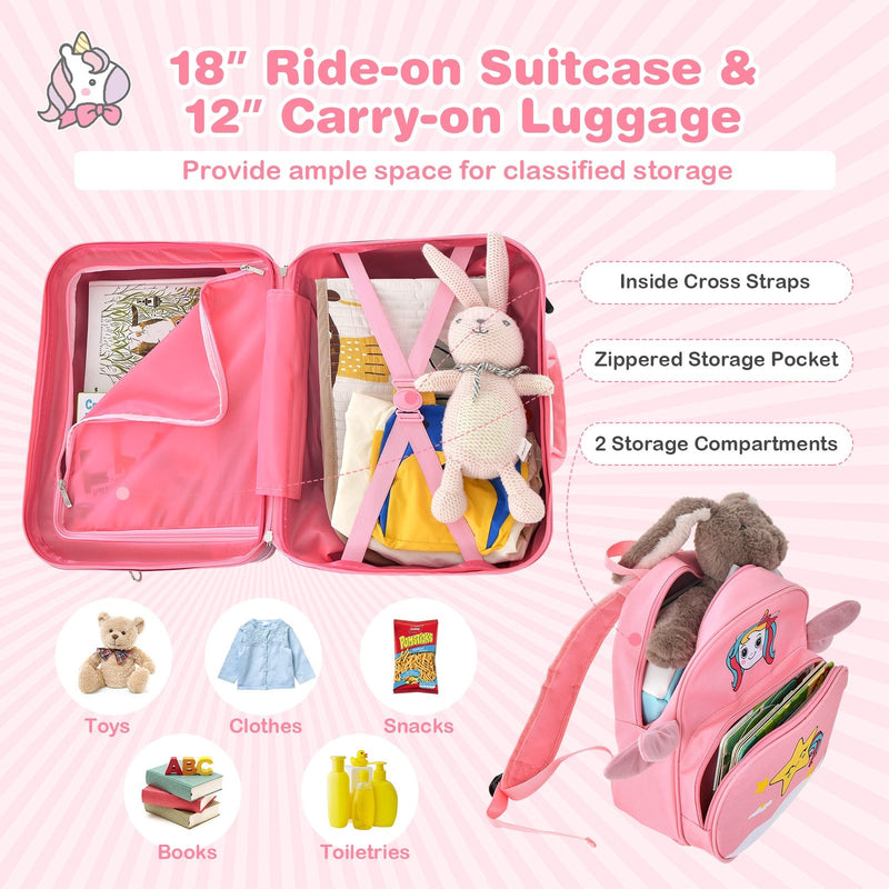 2 Pieces 18 Inch Ride-on Kids Luggage Set with Spinner Wheels-Pink