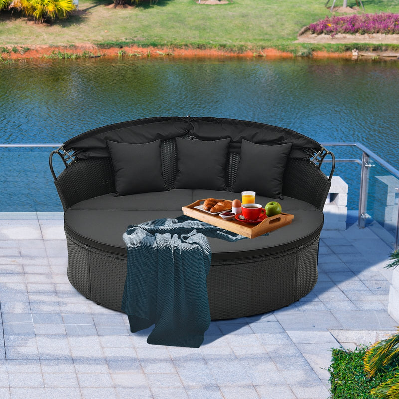 Clamshell Patio Round Daybed Wicker with Retractable Canopy and Pillows-Black