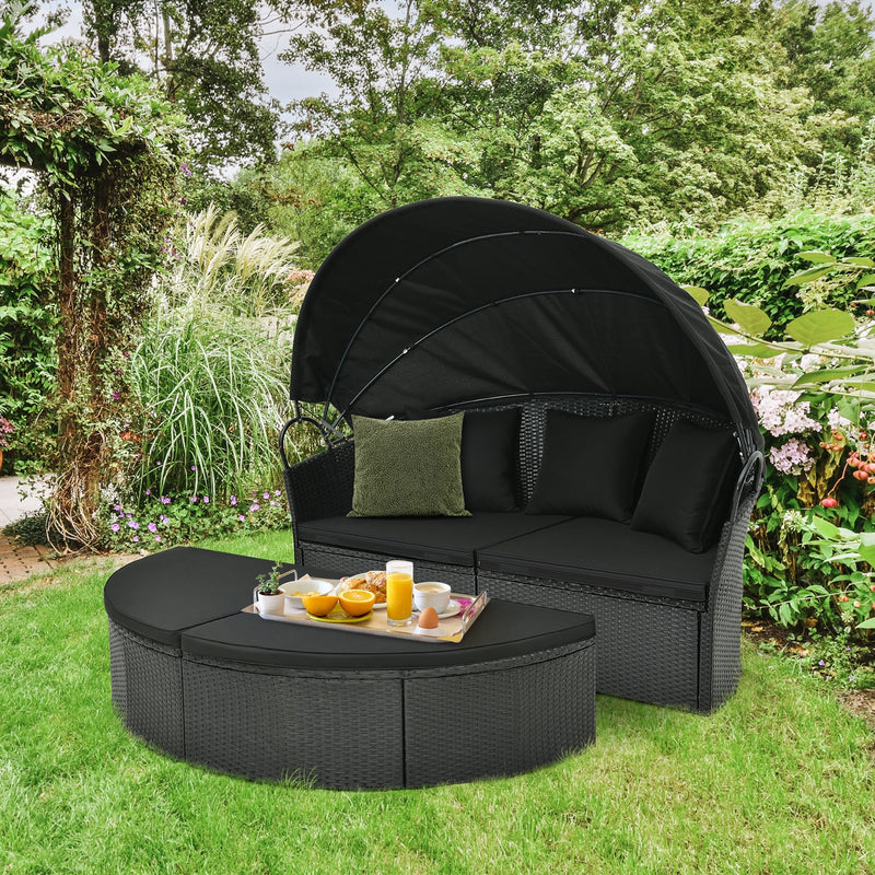 Clamshell Patio Round Daybed Wicker with Retractable Canopy and Pillows-Black