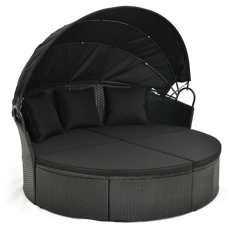 Clamshell Patio Round Daybed Wicker with Retractable Canopy and Pillows-Black