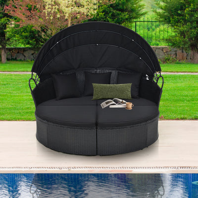 Clamshell Patio Round Daybed Wicker with Retractable Canopy and Pillows-Black