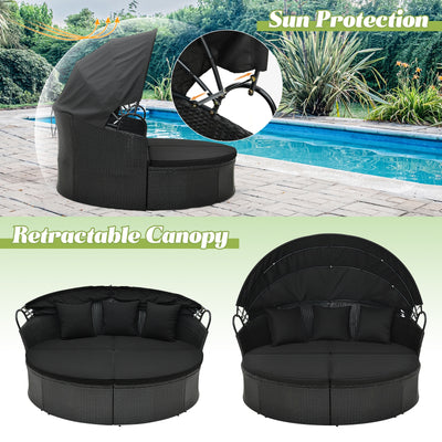 Clamshell Patio Round Daybed Wicker with Retractable Canopy and Pillows-Black