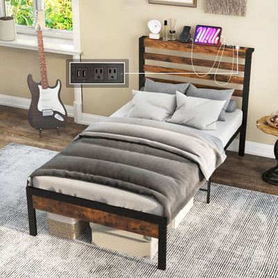 Full/Queen Size Bed Frame with Charging Station and Storage Headboard-Twin Size