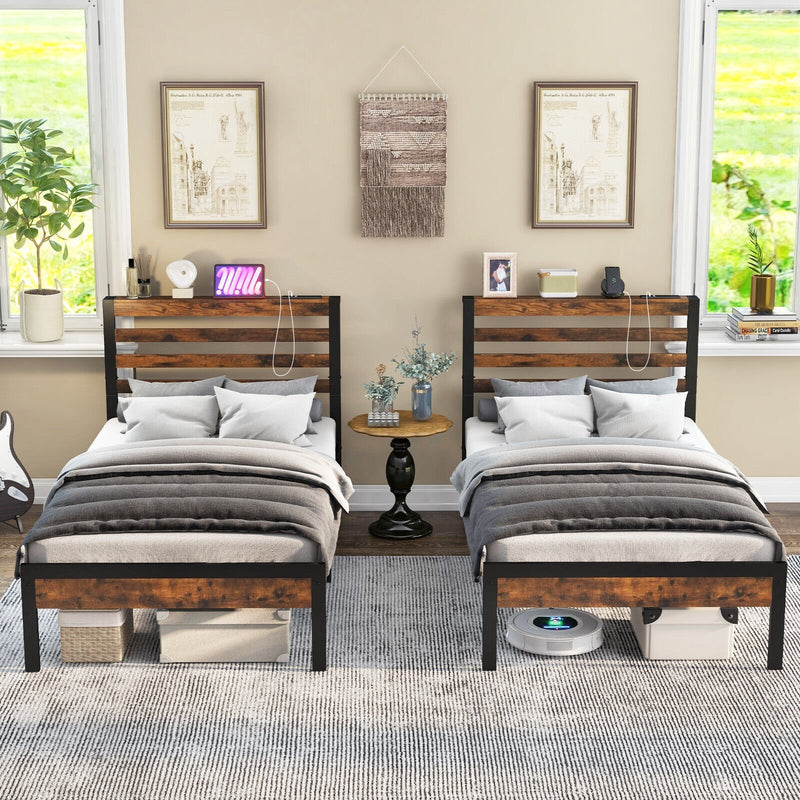 Full/Queen Size Bed Frame with Charging Station and Storage Headboard-Twin Size