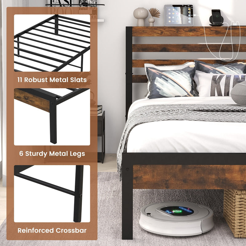 Full/Queen Size Bed Frame with Charging Station and Storage Headboard-Twin Size