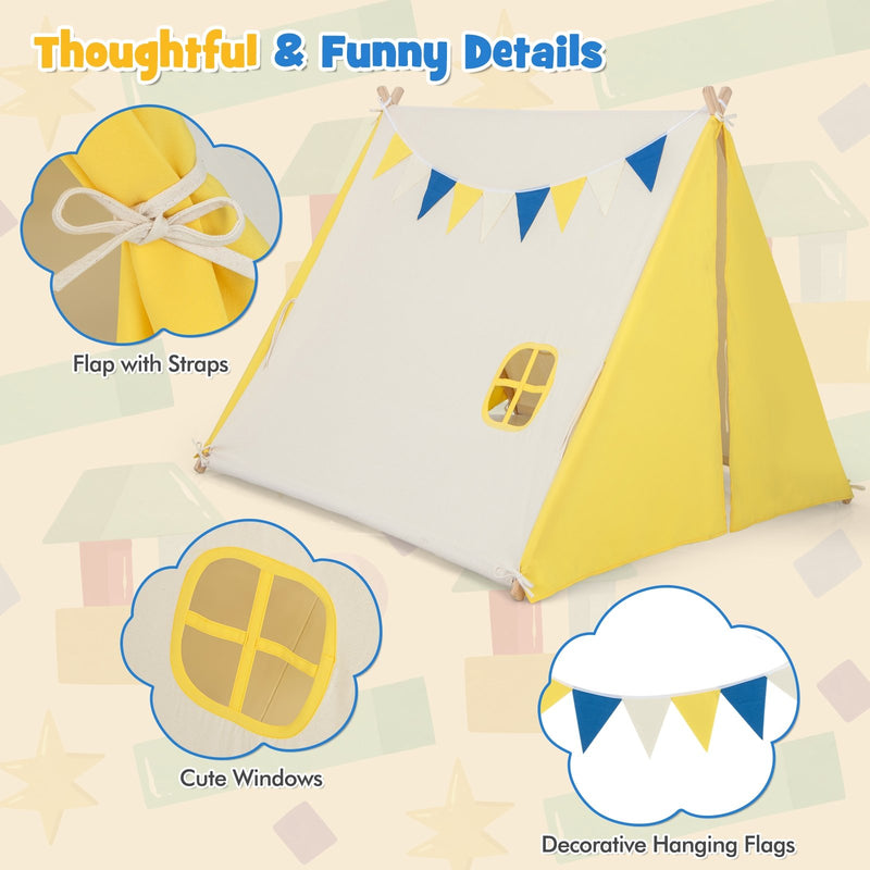 Kids Play Tent with Solid Wood Frame Holiday Birthday Gift & Toy for Boys & Girls-Yellow