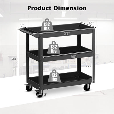 3-Tier Metal Utility Cart Trolley Tool with Flat Handle and 2 Lockable Universal Wheels-Black