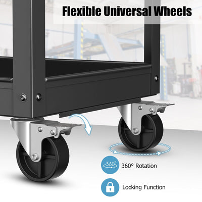 3-Tier Metal Utility Cart Trolley Tool with Flat Handle and 2 Lockable Universal Wheels-Black