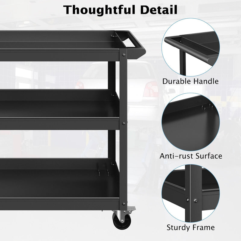 3-Tier Metal Utility Cart Trolley Tool with Flat Handle and 2 Lockable Universal Wheels-Black