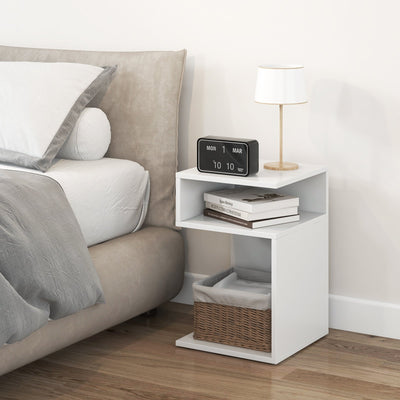 S-Shaped Side Table with Unique S-shaped Frame and 2 Open Compartments-White