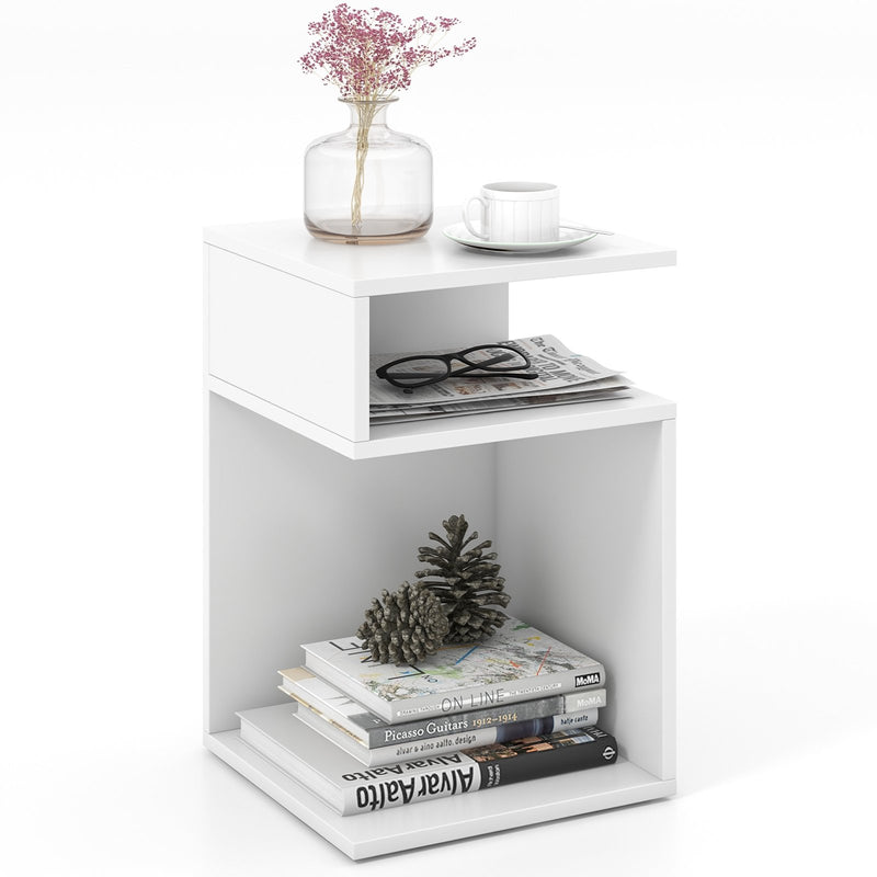 S-Shaped Side Table with Unique S-shaped Frame and 2 Open Compartments-White