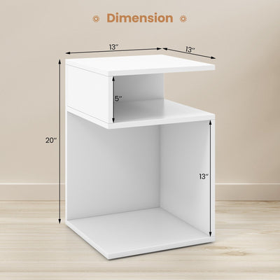 S-Shaped Side Table with Unique S-shaped Frame and 2 Open Compartments-White