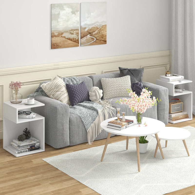 S-Shaped Side Table with Unique S-shaped Frame and 2 Open Compartments-White