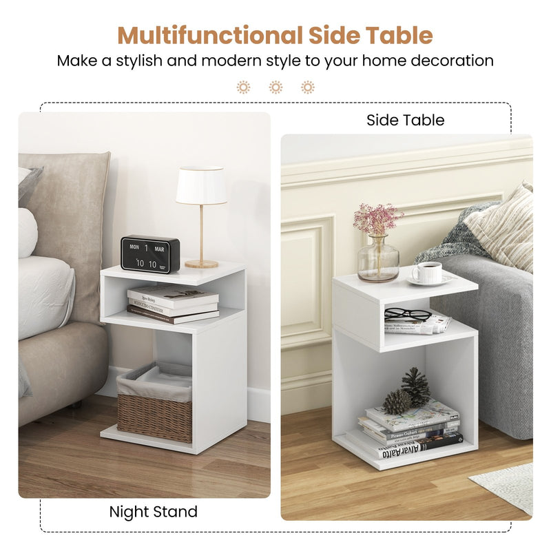 S-Shaped Side Table with Unique S-shaped Frame and 2 Open Compartments-White