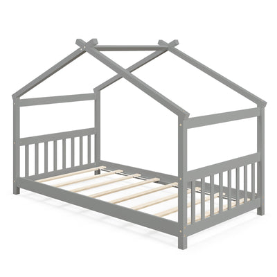 Twin Size Wooden House Bed with Roof-Gray