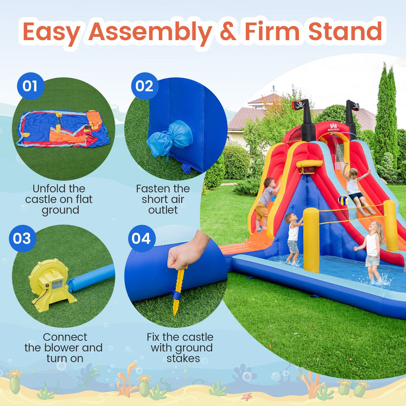 5-in-1 Inflatable Bounce House with 2 Water Slides and Large Splash Pool With 680W Blower