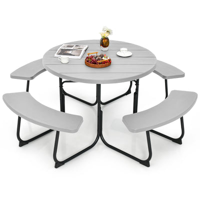 8-Person Outdoor Picnic Table and Bench Set with Umbrella Hole-Gray